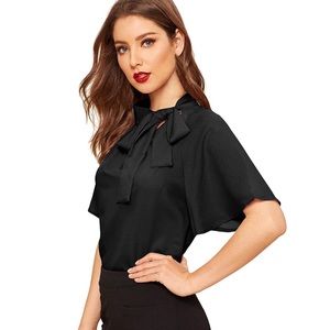 Short Sleeve Blouse Shirt Top Side Bow Tie Neck